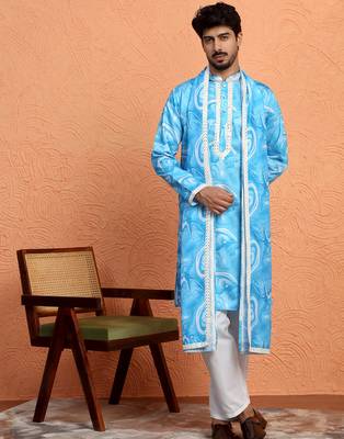 Cotton silk tie-dye printed sky blue kurta and trouser pant with dupatta 1