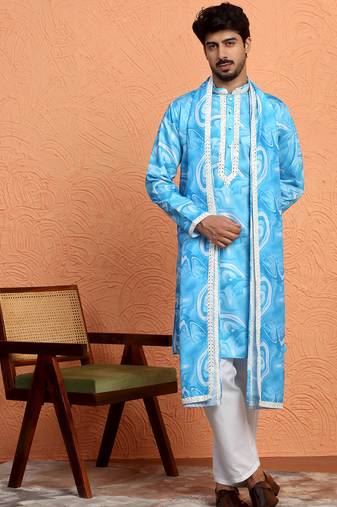 Cotton silk tie-dye printed sky blue kurta and trouser pant with dupatta