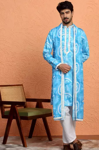 Cotton silk tie-dye printed sky blue kurta and trouser pant with dupatta