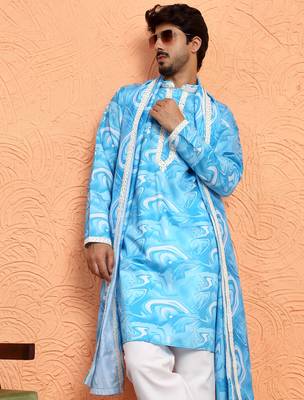Cotton silk tie-dye printed sky blue kurta and trouser pant with dupatta 4