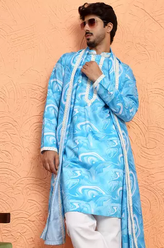 Cotton silk tie-dye printed sky blue kurta and trouser pant with dupatta