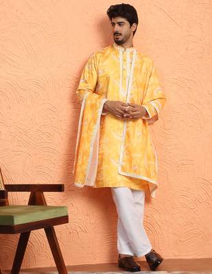 Cotton silk tie-dye printed yellow kurta and trouser pant with dupatta 1