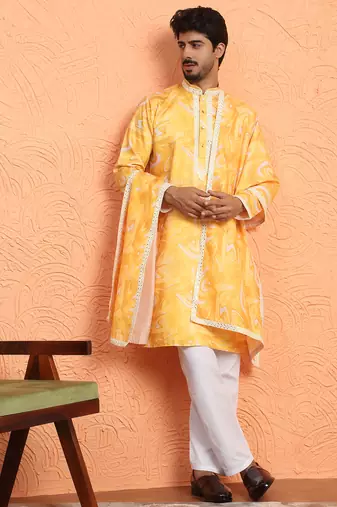 Cotton silk tie-dye printed yellow kurta and trouser pant with dupatta