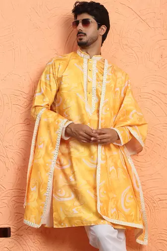 Cotton silk tie-dye printed yellow kurta and trouser pant with dupatta