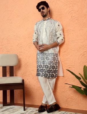 Cotton silk floral embroidered ombre grey kurta with trouser pant 1