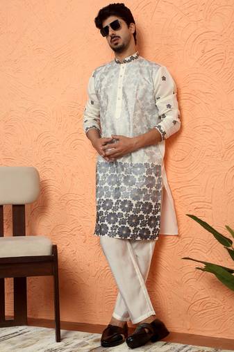 Cotton silk floral embroidered ombre grey kurta with trouser pant