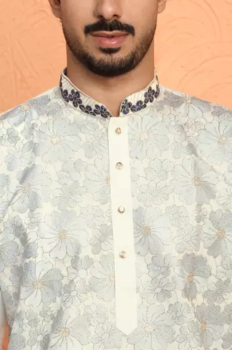 Cotton silk floral embroidered ombre grey kurta with trouser pant
