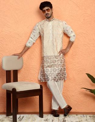 Cotton silk floral embroidered ombre beige kurta with trouser pant 1