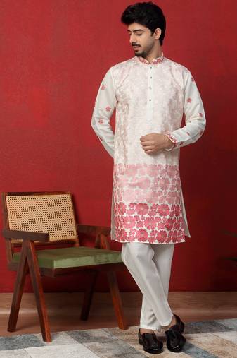 Cotton silk floral embroidered ombre pink kurta with trouser pant