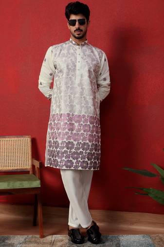 Cotton silk floral embroidered ombre purple kurta with trouser pant