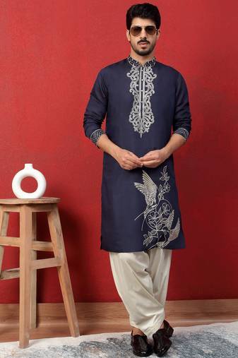 Cotton silk zari work embroidered blue kurta with salwar