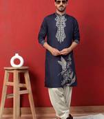 Cotton silk zari work embroidered blue kurta with salwar