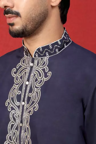 Cotton silk zari work embroidered blue kurta with salwar