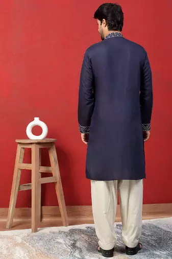 Cotton silk zari work embroidered blue kurta with salwar