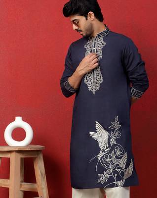 Cotton silk zari work embroidered blue kurta with salwar 4