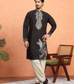Cotton silk zari work embroidered black kurta with salwar