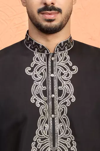 Cotton silk zari work embroidered black kurta with salwar