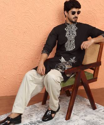 Cotton silk zari work embroidered black kurta with salwar 4