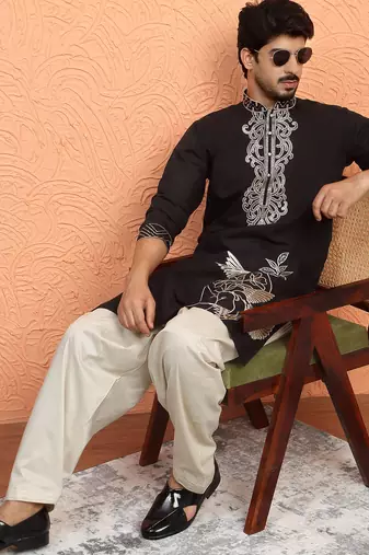 Cotton silk zari work embroidered black kurta with salwar