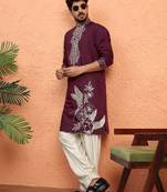 Cotton silk zari work embroidered purple kurta with salwar