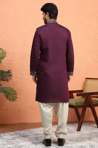 Cotton silk zari work embroidered purple kurta with salwar