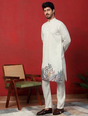 Cotton silk siroski work daman embroidered cream kurta with trouser pant 1