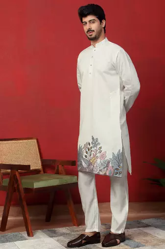 Cotton silk siroski work daman embroidered cream kurta with trouser pant