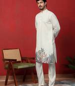 Cotton silk siroski work daman embroidered cream kurta with trouser pant