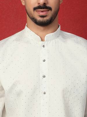 Cotton silk siroski work daman embroidered cream kurta with trouser pant 2