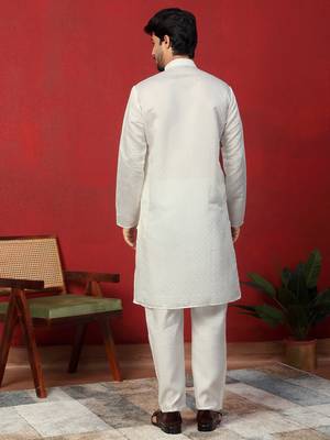 Cotton silk siroski work daman embroidered cream kurta with trouser pant 3