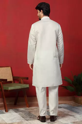 Cotton silk siroski work daman embroidered cream kurta with trouser pant