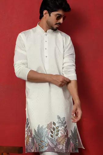 Cotton silk siroski work daman embroidered cream kurta with trouser pant