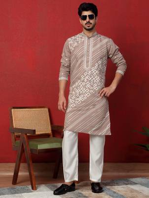 Cotton silk geometric sequence embroidered beige kurta with trouser pant 1