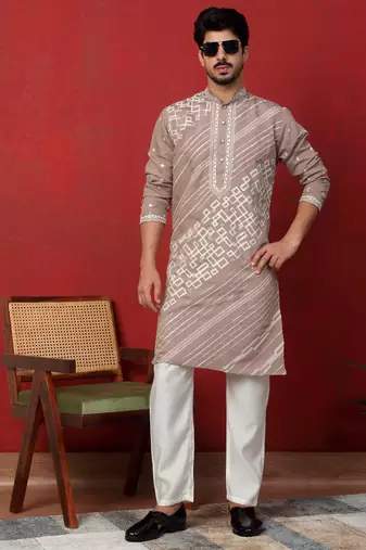 Cotton silk geometric sequence embroidered beige kurta with trouser pant