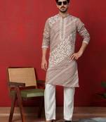 Cotton silk geometric sequence embroidered beige kurta with trouser pant