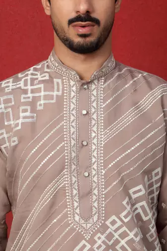 Cotton silk geometric sequence embroidered beige kurta with trouser pant