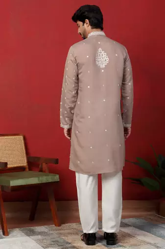 Cotton silk geometric sequence embroidered beige kurta with trouser pant