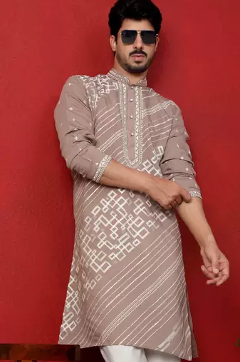 Cotton silk geometric sequence embroidered beige kurta with trouser pant