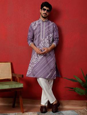Cotton silk geometric sequence embroidered purple kurta with trouser pant 1
