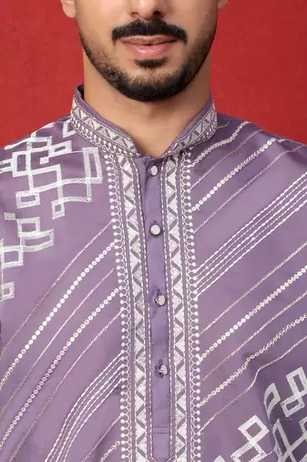 Cotton silk geometric sequence embroidered purple kurta with trouser pant
