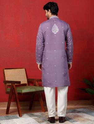 Cotton silk geometric sequence embroidered purple kurta with trouser pant 3