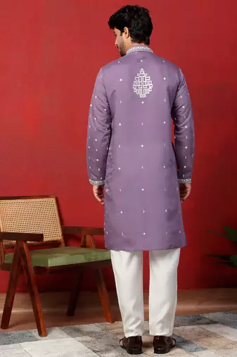 Cotton silk geometric sequence embroidered purple kurta with trouser pant