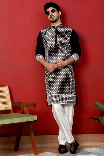 Georgette sequins & thread work embroidered black kurta with trouser pant