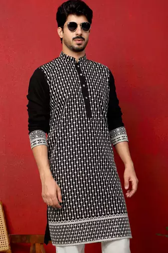 Georgette sequins & thread work embroidered black kurta with trouser pant