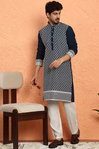 Georgette sequins & thread work embroidered blue kurta with trouser pant