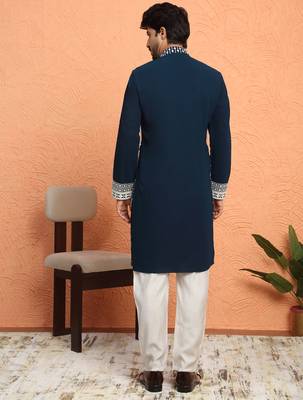Georgette sequins & thread work embroidered blue kurta with trouser pant 3