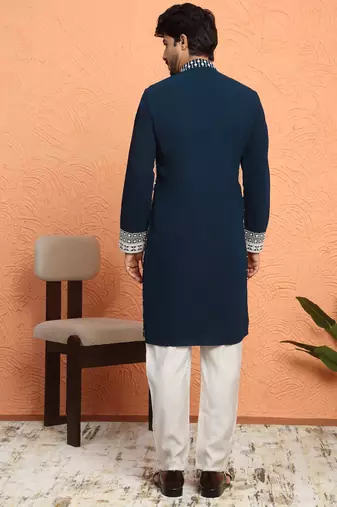 Georgette sequins & thread work embroidered blue kurta with trouser pant