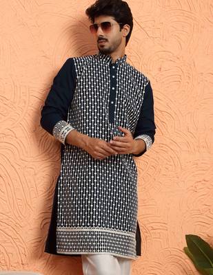 Georgette sequins & thread work embroidered blue kurta with trouser pant 4