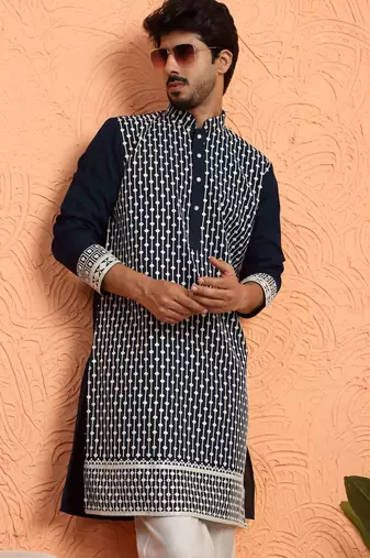 Georgette sequins & thread work embroidered blue kurta with trouser pant