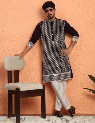 Georgette sequins & thread work embroidered wine kurta with trouser pant 1